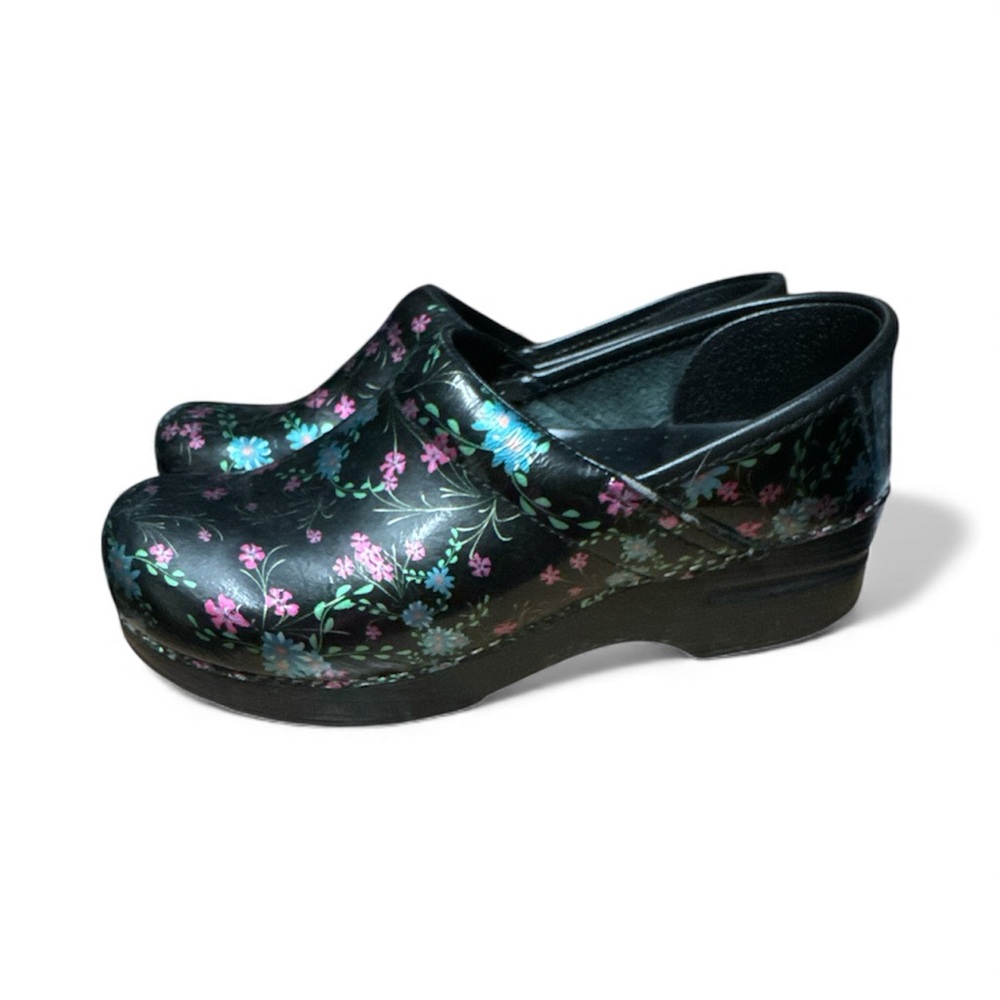 Dansko Black and Pink Floral Clogs